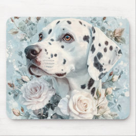 ALFOMBRILLA DE RATÓN FLOR BLANCA Y AZUL PASTEL CON PERRO DALMATA