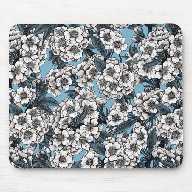 Alfombrilla De Ratón Flor de cerezo en blanco y azul (Frente)