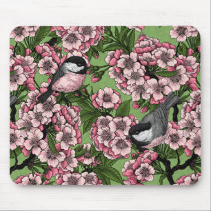 Alfombrilla De Ratón Flor de cerezo y pollos en verde