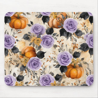 ALFOMBRILLA DE RATÓN FLOR DE HALLOWEEN MORADA Y CALABAZAS NARANJAS