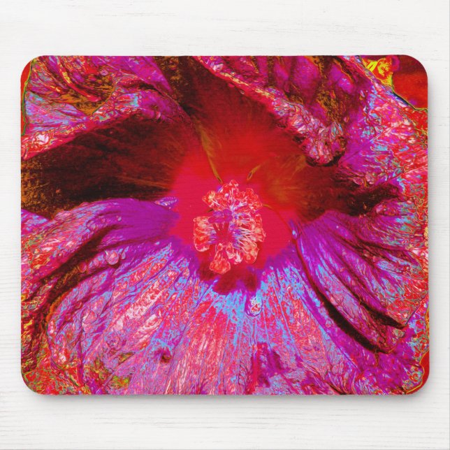 Alfombrilla De Ratón Flor de Hibiscus Rojo Retro Trippy Psicodélico (Frente)