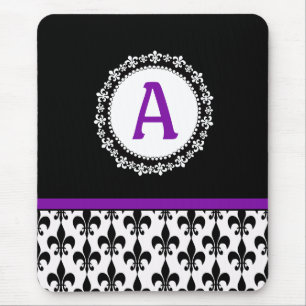 Alfombrilla De Ratón Flor de lis negra púrpura Mousepad del monograma