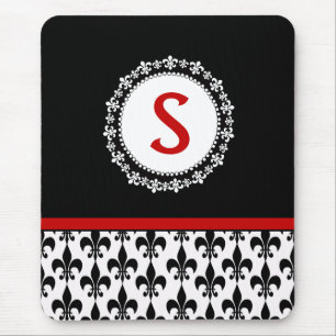 Alfombrilla De Ratón Flor de lis negra roja Mousepad del monograma