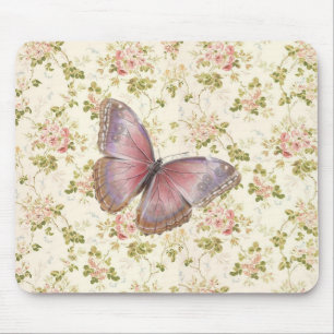 Alfombrilla De Ratón Flor de mariposa rosada Shabby Chic