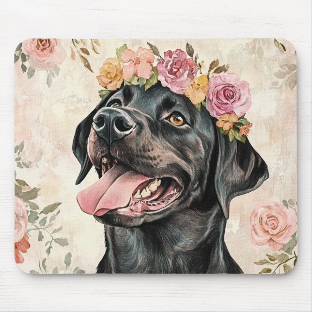 Alfombrilla De Ratón Flor de Perro Rosa Rosa Negro Labrador Recuperador (Frente)