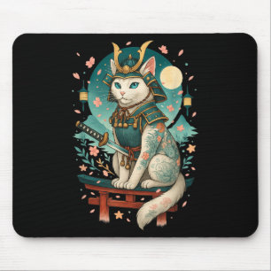 Alfombrilla De Ratón Flor japonesa de cerezo gato Samurai Moonlight