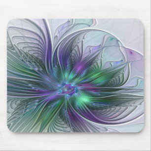 Alfombrilla De Ratón Flor moderna abstracta fractal verde morado