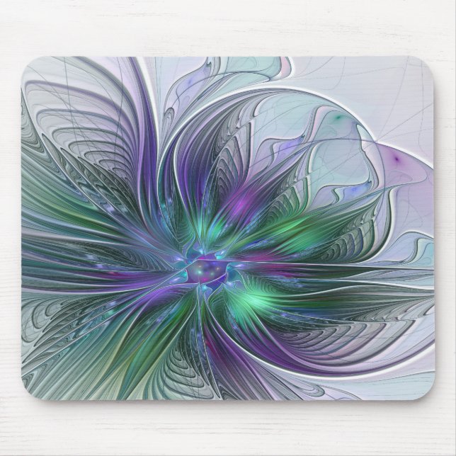 Alfombrilla De Ratón Flor moderna abstracta fractal verde morado (Frente)
