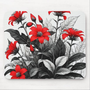 Alfombrilla De Ratón Flor Roja Sobre La Planta Blanca Negra
