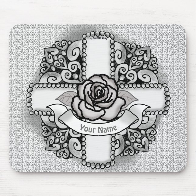 Alfombrilla De Ratón Flor Rosa Cruz Cristiana Filigrí (Frente)