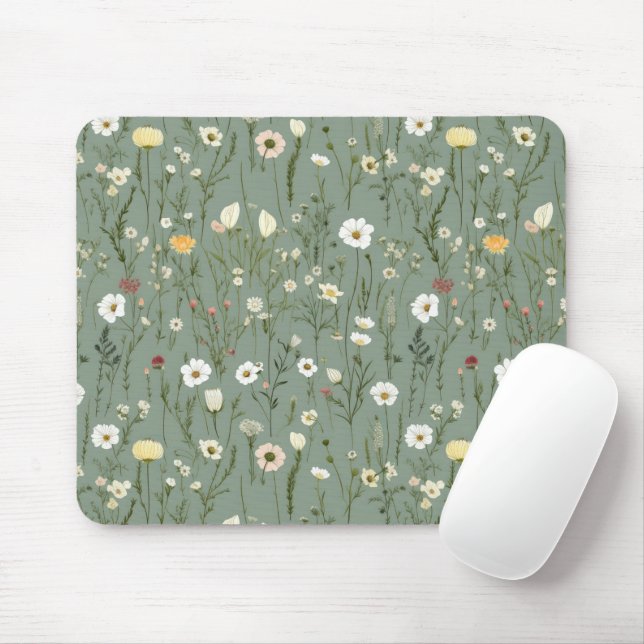 Alfombrilla De Ratón Flor silvestre Dusty Sage Floral Verde (Con ratón)