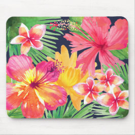 Alfombrilla De Ratón Flor Tropical Rosa Hibisco Plumeria Azul Marino