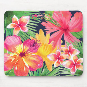 Alfombrilla De Ratón Flor Tropical Rosa Hibisco Plumeria Azul Marino