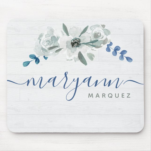 Alfombrilla De Ratón Floral acuarela sobre madera blanca Nombre persona (Frente)