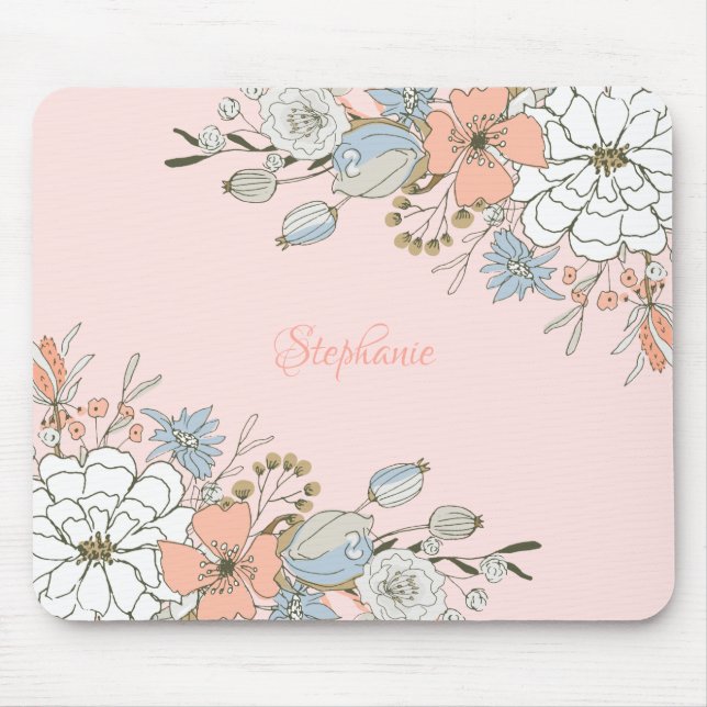 Alfombrilla De Ratón Floral azul rosa Rubor personalizada (Frente)