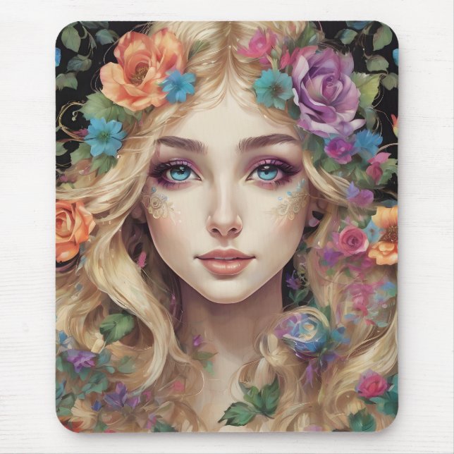 Alfombrilla De Ratón "Floral Blonde Portrait" Art Mouse Pad (Frente)