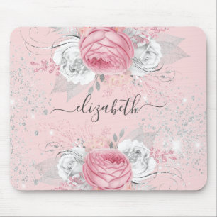 Alfombrilla De Ratón Floral blush pink silver foliage monogram stylish
