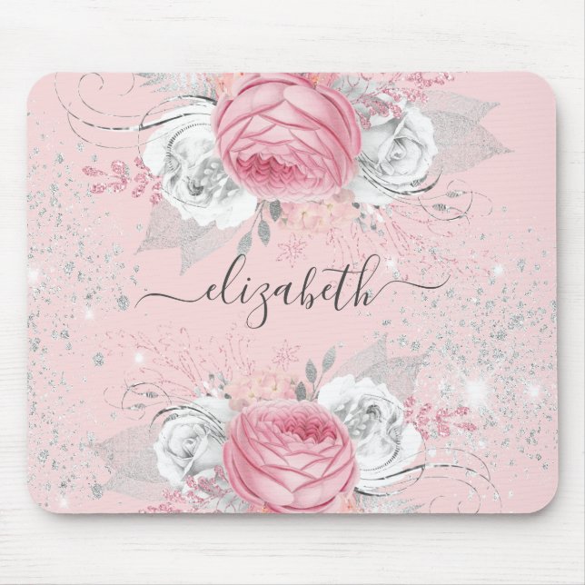 Alfombrilla De Ratón Floral blush pink silver foliage monogram stylish (Frente)