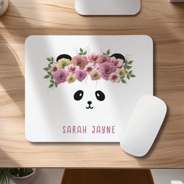 Alfombrilla De Ratón Floral Boho Panda Bear Nombre Chica Mouse Pad (A pretty panda bear with flowers in her hair on this cute mousepad. Just add your name)
