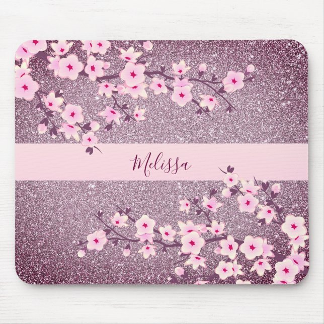 Alfombrilla De Ratón Floral Cerezo Blossom Mauve Bling Monograma (Frente)
