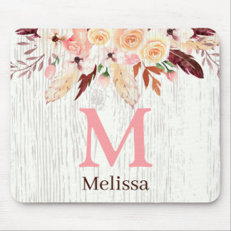Alfombrilla De Ratón Floral de acuarela monogramada sobre madera blanca