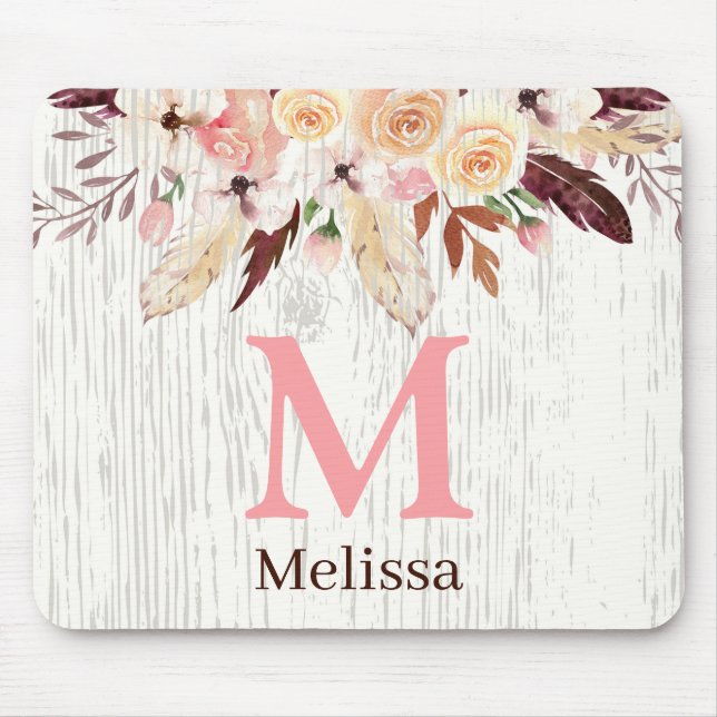 Alfombrilla De Ratón Floral de acuarela monogramada sobre madera blanca (Frente)