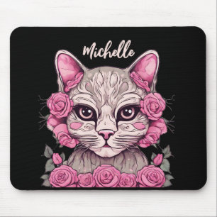 Alfombrilla de ratón floral de gato rosa con rosas