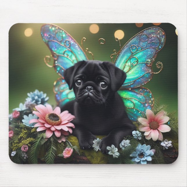 Alfombrilla De Ratón Floral Fairy Pug Puppy Mousepad (Frente)