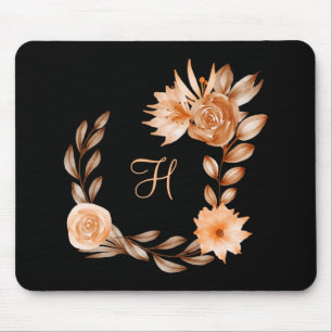 Alfombrilla De Ratón Floral negro, marrón y melocotón con monograma