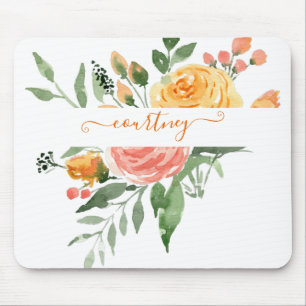Alfombrilla De Ratón Floral personalizada acuarela rosa y naranja
