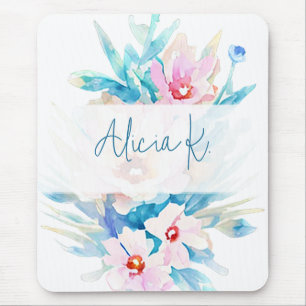 Alfombrilla De Ratón Floral personalizado de acuarela rosa y azul
