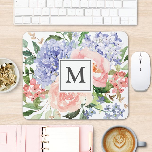 Alfombrilla De Ratón Floral rosa azul rosa azul monogramada (In situ office desk)