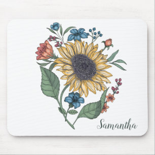 Alfombrilla De Ratón Floral Sunflower Monogram Name Mouse Pad