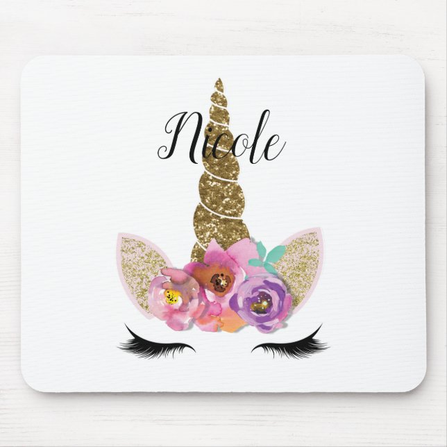Alfombrilla De Ratón Floral Unicornio Purpurina de Oro Girly Chicas Esp (Frente)