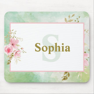 Alfombrilla De Ratón Floral verde personalizada con nombre y monograma