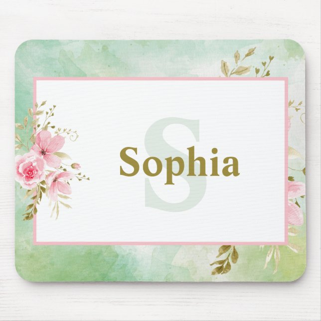 Alfombrilla De Ratón Floral verde personalizada con nombre y monograma (Frente)