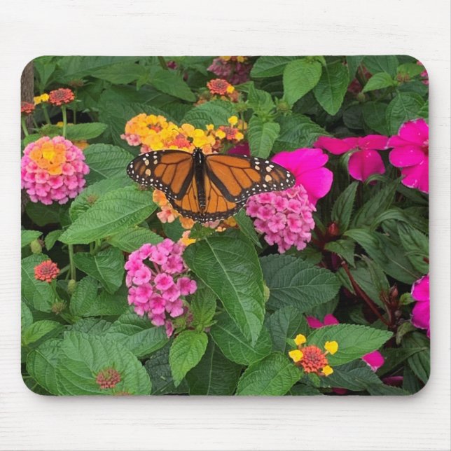 Alfombrilla De Ratón Floral verde rosa Lantana con mariposa (Frente)