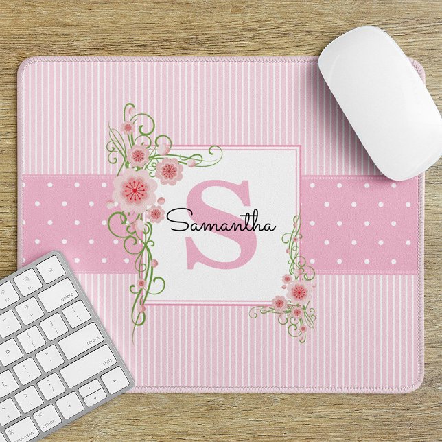 Alfombrilla De Ratón Floral verde rosa y franjas monogramadas (Subido por el creador)
