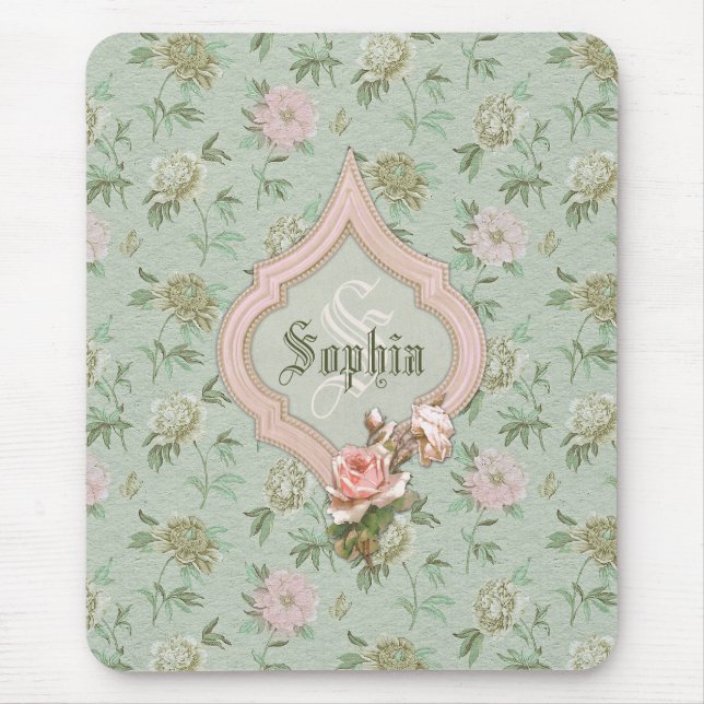 Alfombrilla De Ratón Floral verde y rosa de Moda giratoria personalizad (Frente)