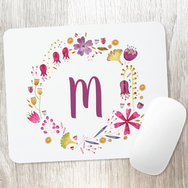 Alfombrilla De Ratón Floral Watercolor Monogram (Floral watercolor monogram initial personalized art mousemat)