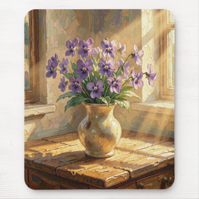 Alfombrilla De Ratón Florero de Violetas Moradas Impasto   (Frente)