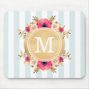 Alfombrilla De Ratón Flores acuáticas de tiras de tinta Monograma de or