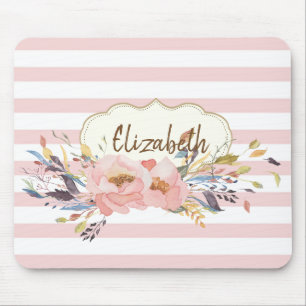 Alfombrilla De Ratón Flores Adorables de Acuarela, Rayas - Personalizad