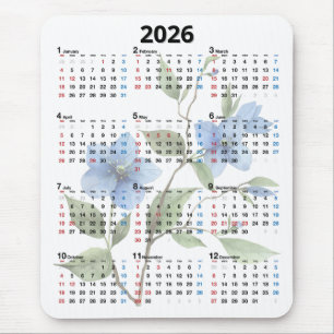 Alfombrilla De Ratón Flores Azules Calendario 2026 Sobre Blanco