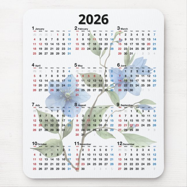 Alfombrilla De Ratón Flores Azules Calendario 2026 Sobre Blanco (Frente)
