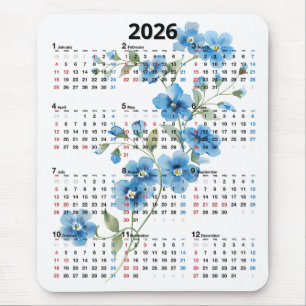 Alfombrilla De Ratón Flores Azules Calendario 2026 Sobre Blanco