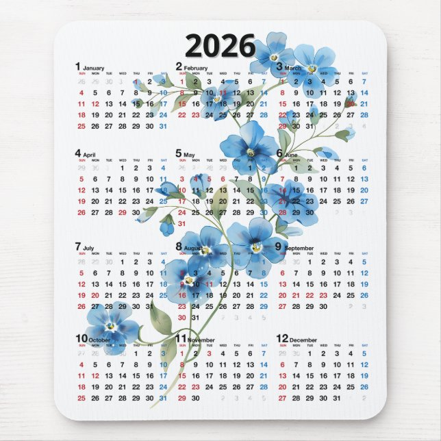 Alfombrilla De Ratón Flores Azules Calendario 2026 Sobre Blanco (Frente)