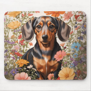 Alfombrilla De Ratón Flores Cute Brown Dachshund Y Cosmos