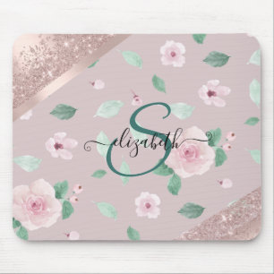 Alfombrilla De Ratón Flores de Acuarela Monograma de Oro Rosa