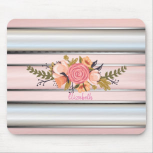 Alfombrilla De Ratón Flores de Acuarela, Rayas de Plata - Personalizado